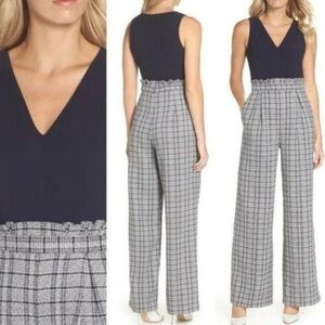 Chelsea28 V-Neck Sleeveless Navy Dark Blue Gray Checkered Jumpsuit Tie Size 12P